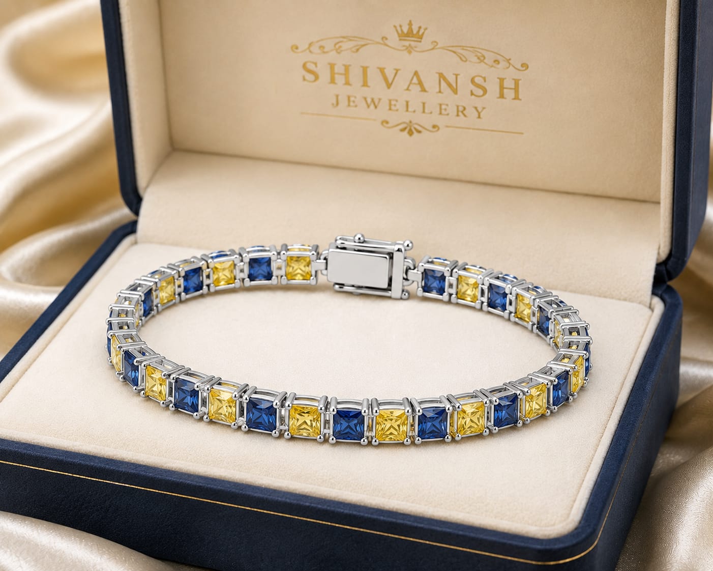 Blue & Yellow Princess-Cut Lab-Grown Diamond Bracelet
