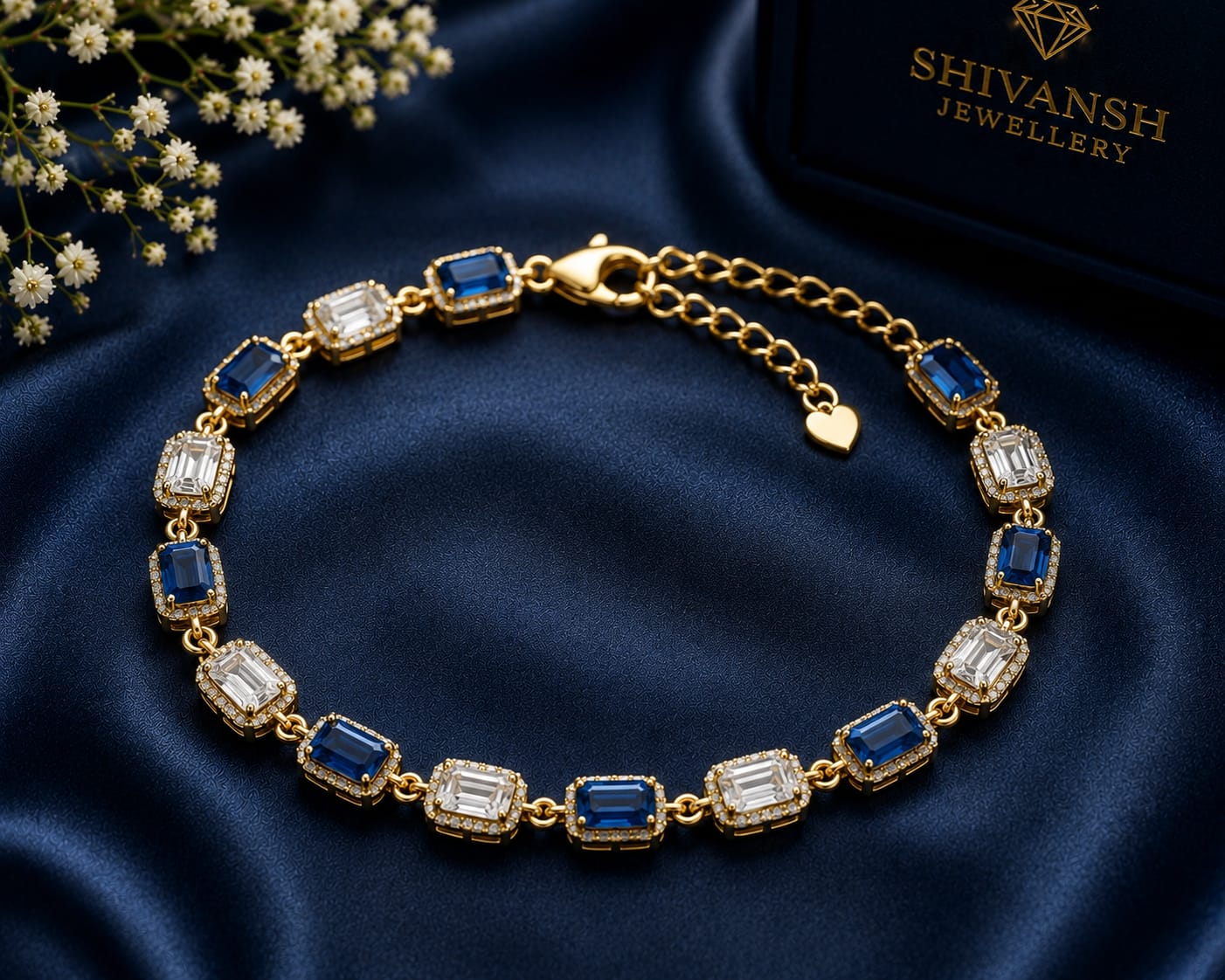 Emerald-Cut Blue & White Lab-Grown Diamond Bracelet