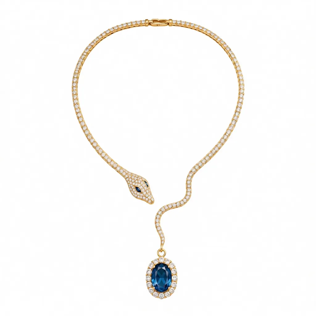 Blue Oval-Cut White Lab-Grown Diamond Snake Necklace