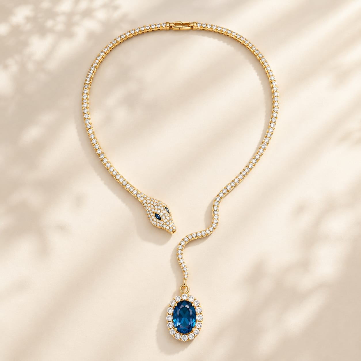 Blue Oval-Cut White Lab-Grown Diamond Snake Necklace