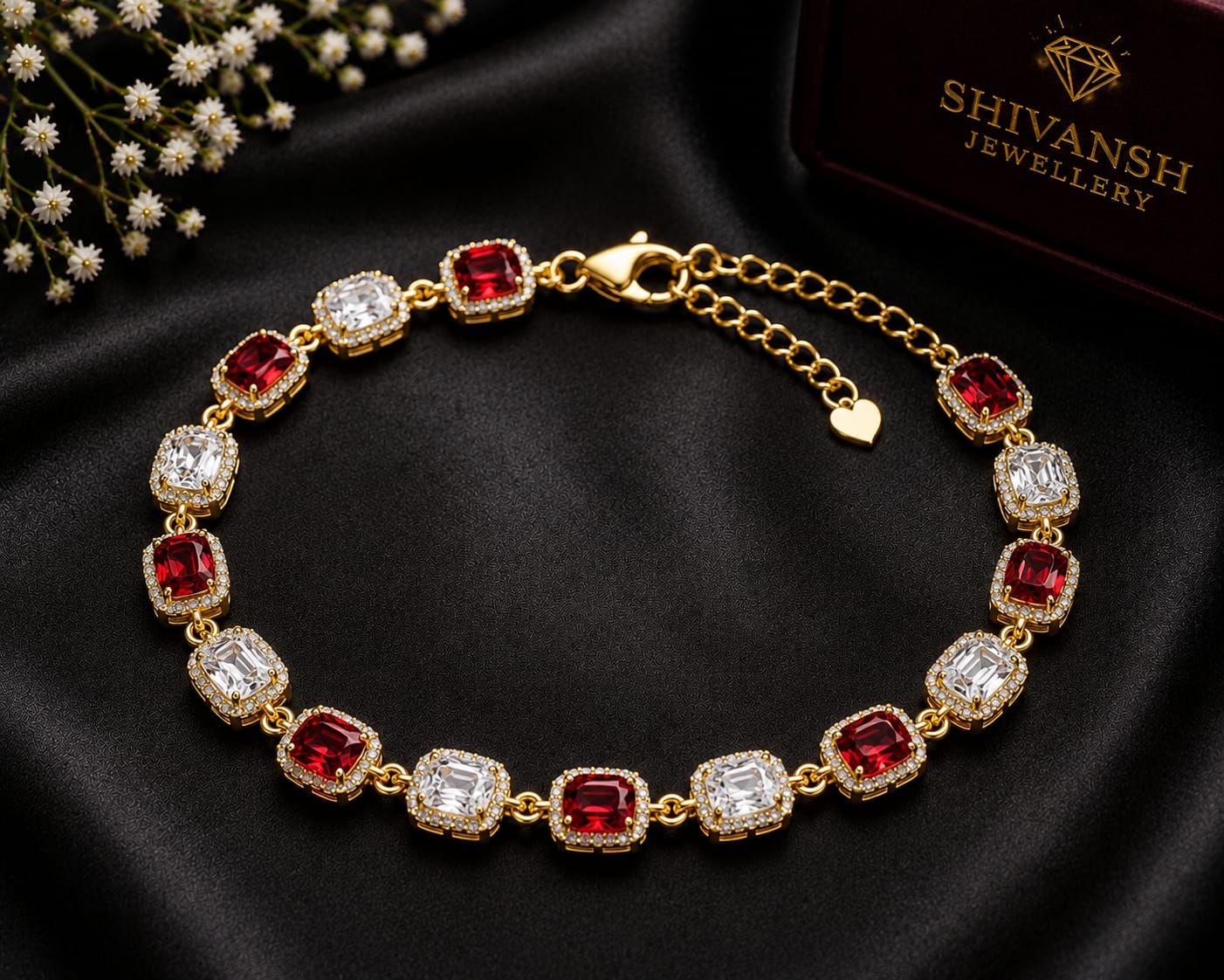 Red & White Emerald-Cut Lab-Grown Diamond Bracelet