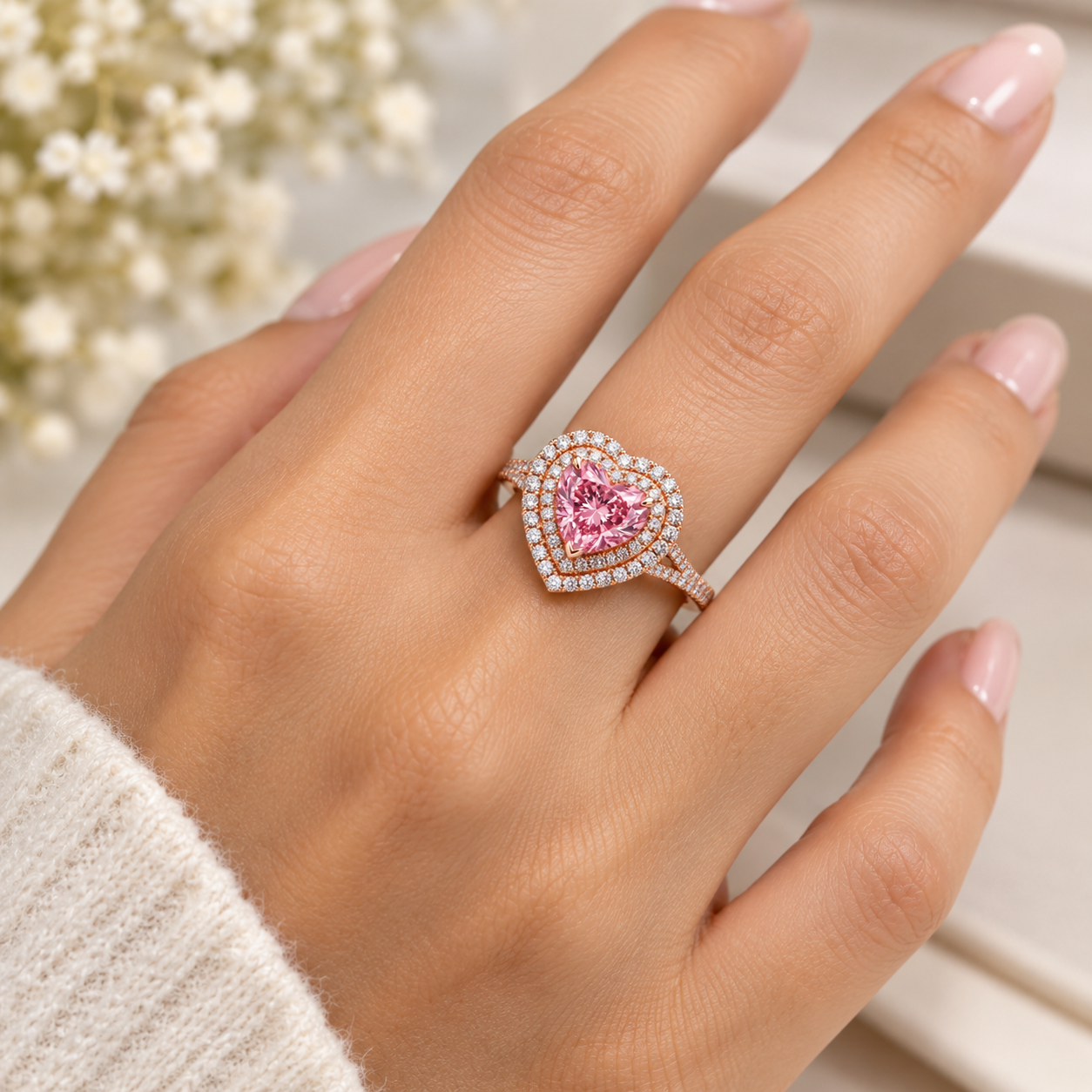 Pink Heart Lab-Grown Diamond Ring in 18K Gold
